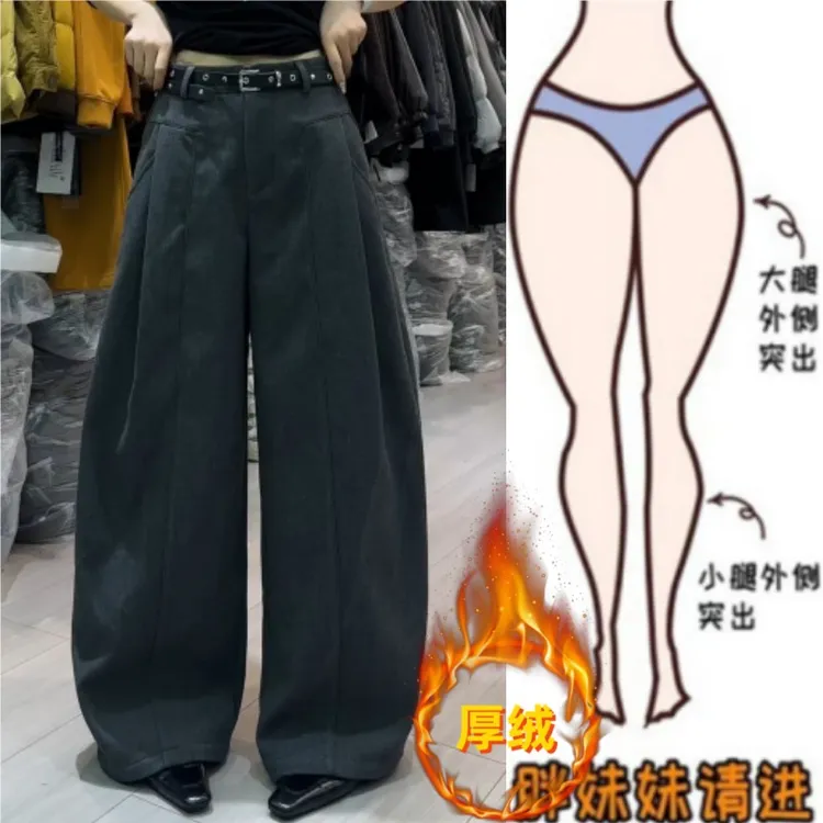 秋冬新款高腰显瘦加绒加厚宽松遮肉阔腿裤时尚百搭休闲西裤