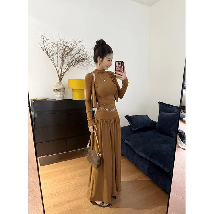 气质性感辣妹风半高领无袖背心长袖开衫女款秋季新款高腰A字长裙