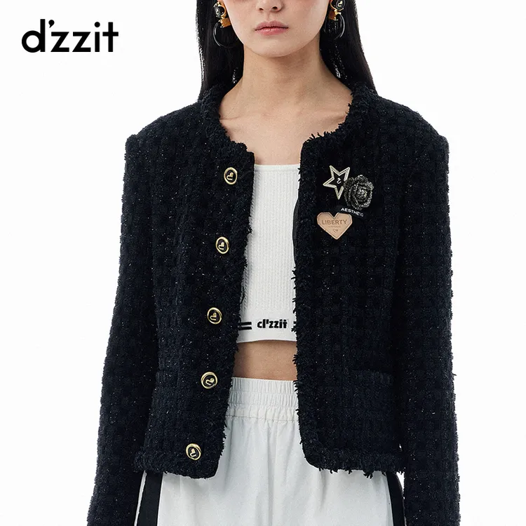 【专属】明星同款dzzit地素春秋酷飒小香细闪亮黑色短外套女