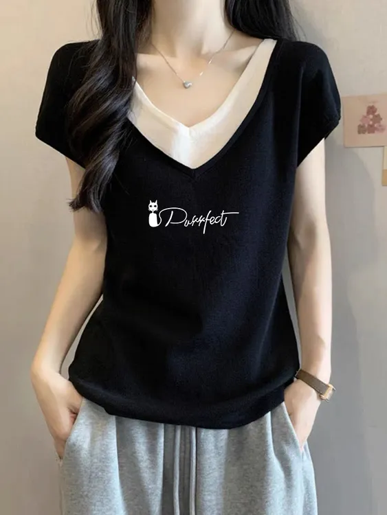 遮肚胖mm假两件大码黑色T恤女夏季显瘦宽松棉上衣v领正肩短袖