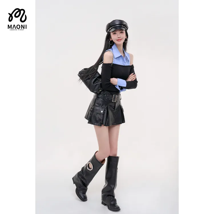 毛妮LADIESFIRST【吸睛肩线】衬衫领露肩假两件拼接上衣早秋L2264