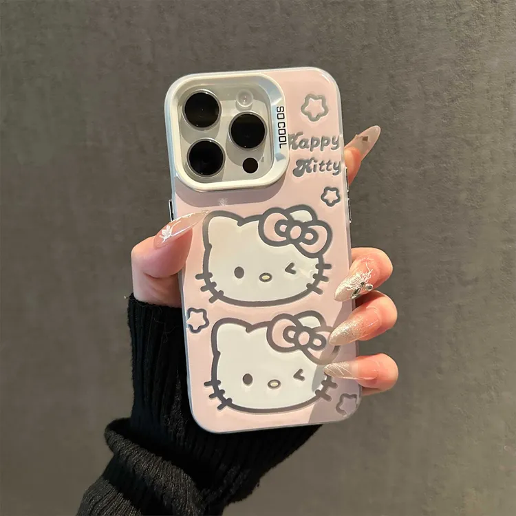 粉色卡通猫咪适用苹果16promax壳新款彩绘iPhone15pro磨砂彩银14