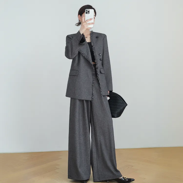 大码女装秋季西装阔腿裤两件套2025新款胖mm设计感西服阔腿裤套装