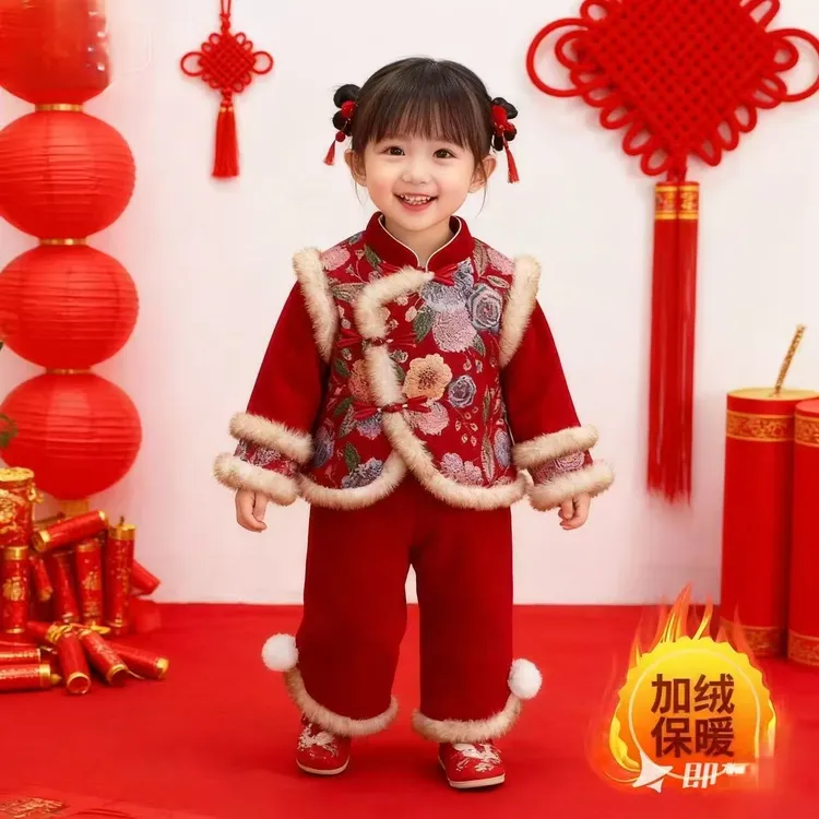 女童汉服套装冬装新款宝宝生日周岁中国风裙子唐装加绒拜年服汉服