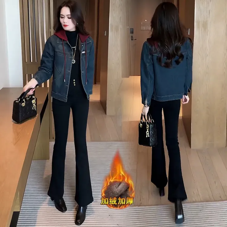 加绒加厚牛仔外套女2025冬季新款洋气显瘦休闲保暖连帽短款夹克潮
