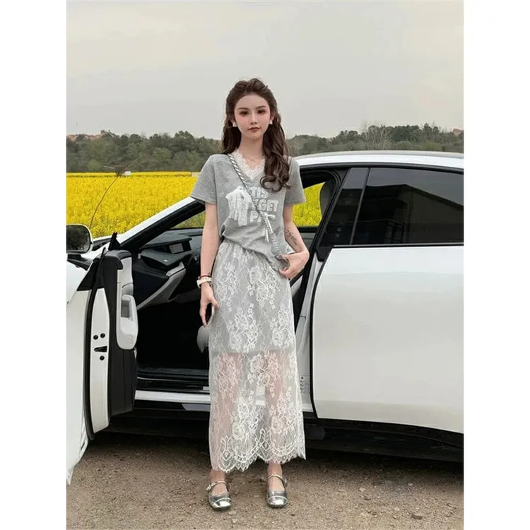 【HH】V领蕾丝拼接百搭T恤+半身裙套装