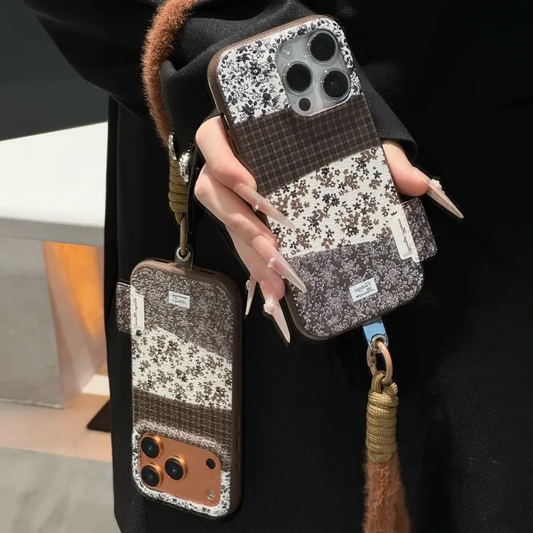 秋冬拼接小碎花挂绳适用苹果17/16promax手机壳华为P70vivo小米15