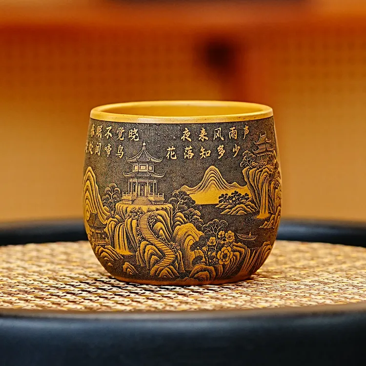 宜兴原矿紫砂黄金朱泥全手工春晓喜上眉梢手握茶杯品茶杯主人杯