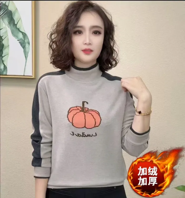 038#加绒加厚2025新款撞色拼接印花南瓜洋气减龄保暖上衣