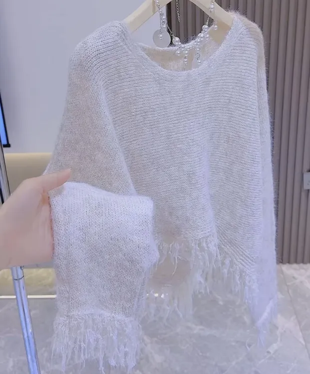 467辣妹针织短款上衣秋冬新款马海毛高腰不规则白色毛衣针织衫