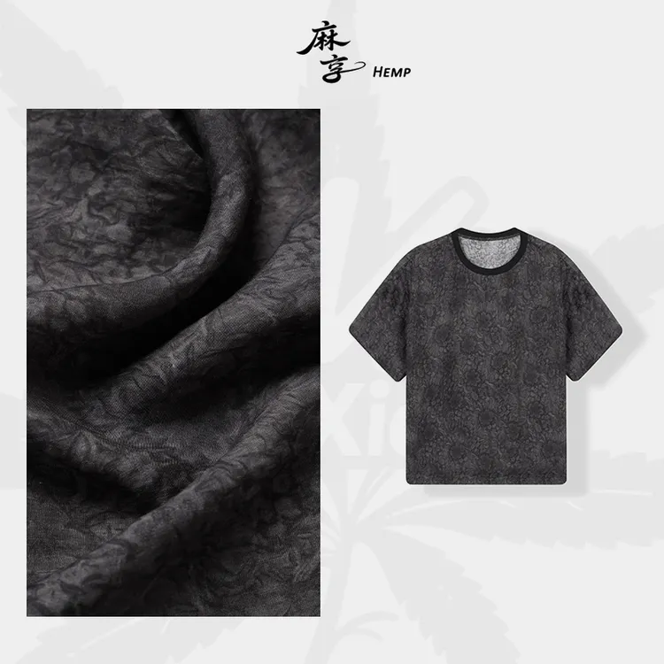 麻享【拾花集·墨玉玫瑰】莨麻水墨印花T恤夏季女士圆领宽松FSY50821