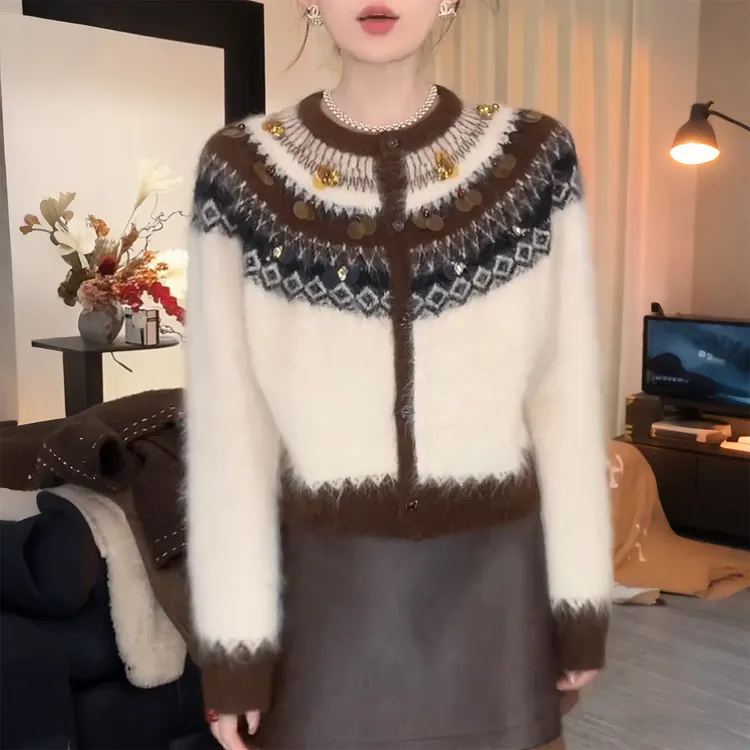 超好看圆领长袖毛衣针织开衫女秋冬季新款高级独特漂亮设计感上衣