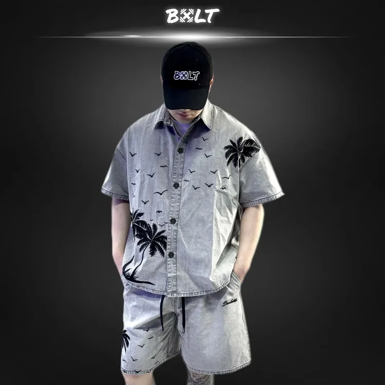 BXLT【海岛椰树】夏威夷风刺绣水洗牛仔半袖衬衫短裤