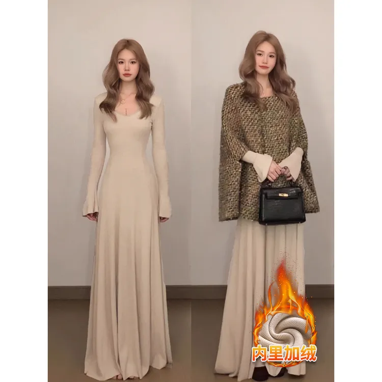 燕麦色针织连衣裙女大衣内搭修身包臀长裙子鱼尾裙秋冬季加绒加厚