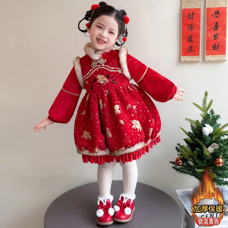 女童连衣裙秋冬季2025新款洋气儿童加绒花苞裙加厚保暖冬装拜年服