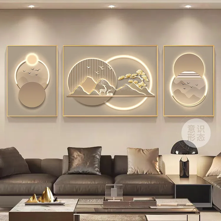现代轻奢客厅装饰画高端大气沙发背景墙挂画2025新款山水三联壁画