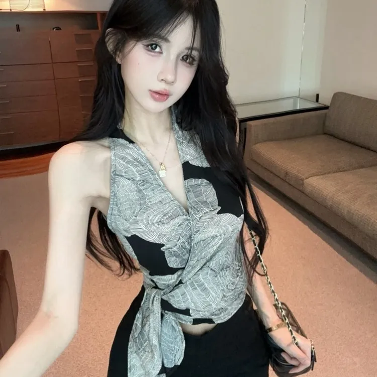 设计感复古印花交叉v领挂脖吊带背心女夏季绑带修身气质外穿上衣