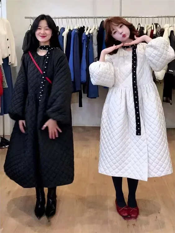 韩里韩气在逃公主长裙棉服连衣裙韩系中长款小个子大码棉服外套