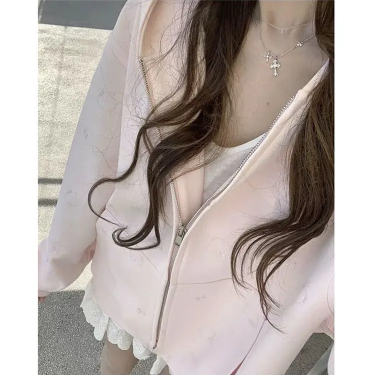 韩系chic可爱Kitty满绣连帽加绒卫衣女秋冬季慵懒风宽松加厚外套