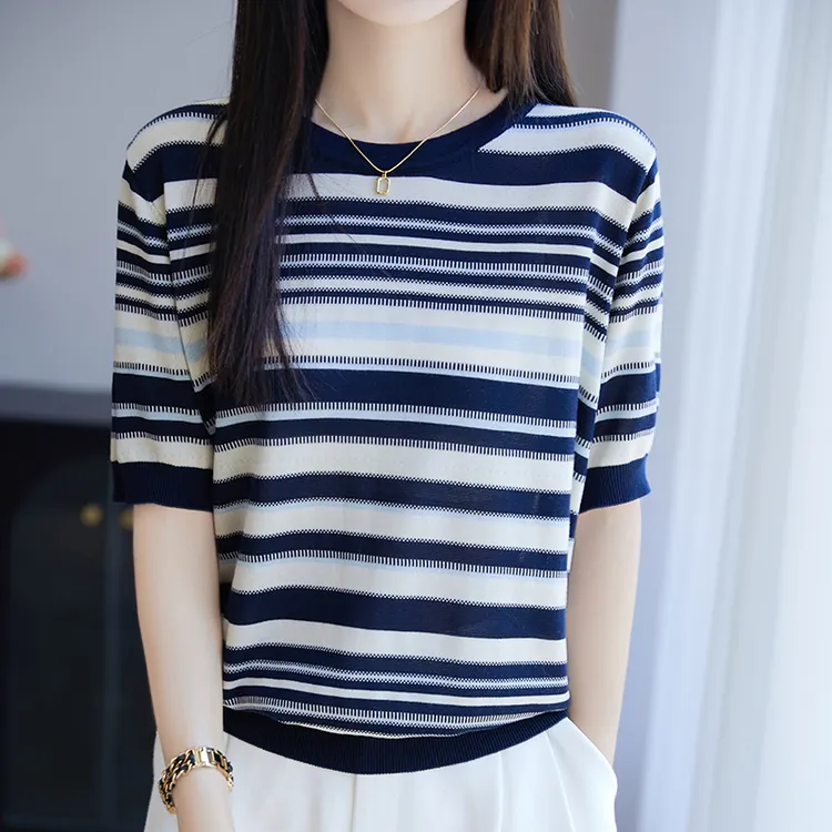 正品夏季薄款针织衫T恤时尚圆领条纹短袖宽松休闲上衣
