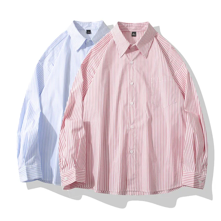 美式简约日系复古条纹长袖衬衫男宽松潮流百搭情侣慵懒衬衣外套 