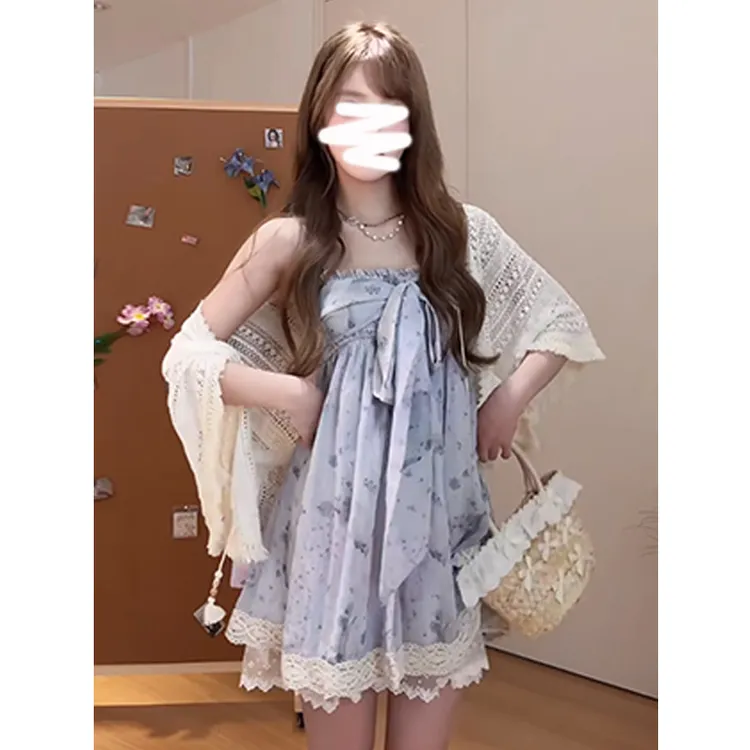 紫色碎花蕾丝绑带吊带裙夏季套装镂空披肩海滩风小个子连衣裙套装