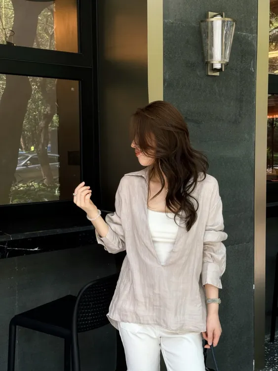【深V衬衫】MEGANLE 100%亚麻休闲百搭透气深V翻领长袖衬衫2024113