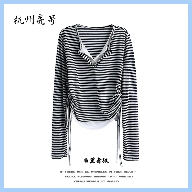 【亮哥女装】2025欧版新品黑白条纹时尚v领抽绳收腰高弹上衣3202-A2