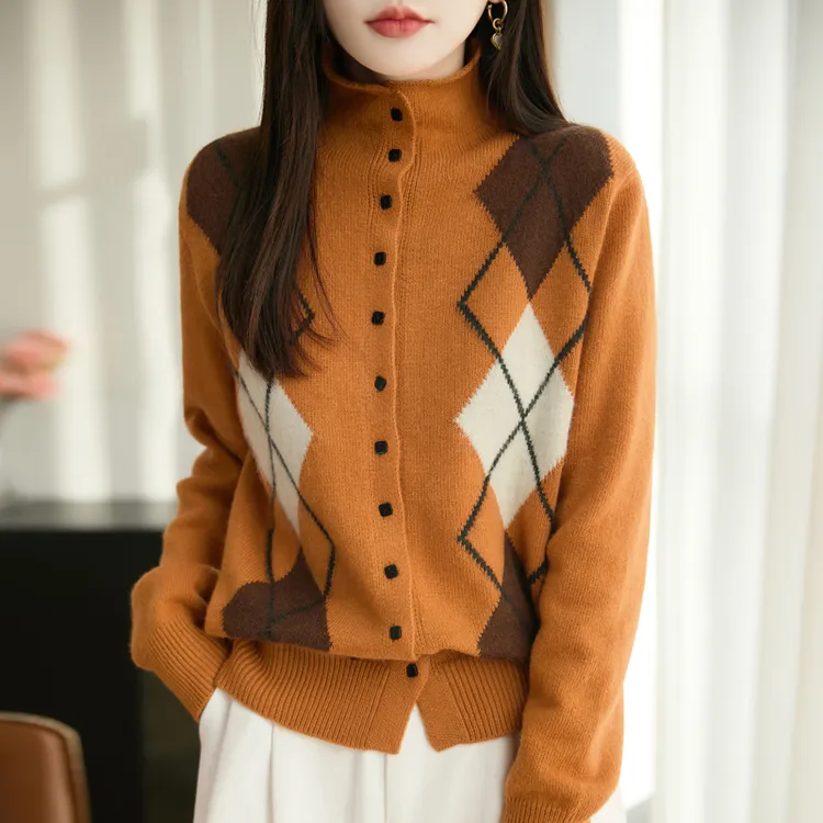 2025秋冬新款韩系学院风菱形格提花针织衫高领上衣