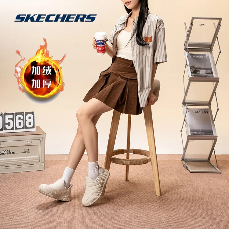 Skechers斯凯奇绒保暖一脚穿运动休闲鞋女鞋冬季新款加缓震小白鞋