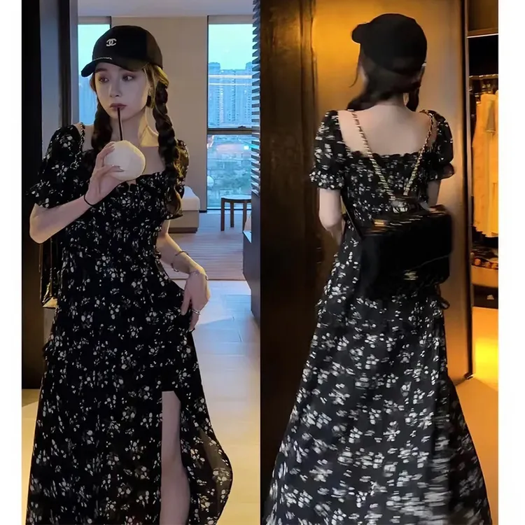 2025新款女装时尚优雅气质夏天仙女裙收腰显瘦碎花开衩法式连衣裙