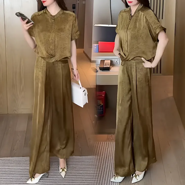 短袖提花时尚套装女2025夏装新款高级感气质休闲上衣阔腿裤两件套