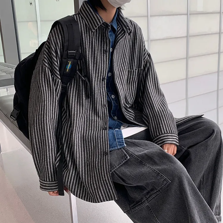 港风复古条纹衬衫痞帅外套韩版男重磅日系宽松情侣百搭加厚衬衣