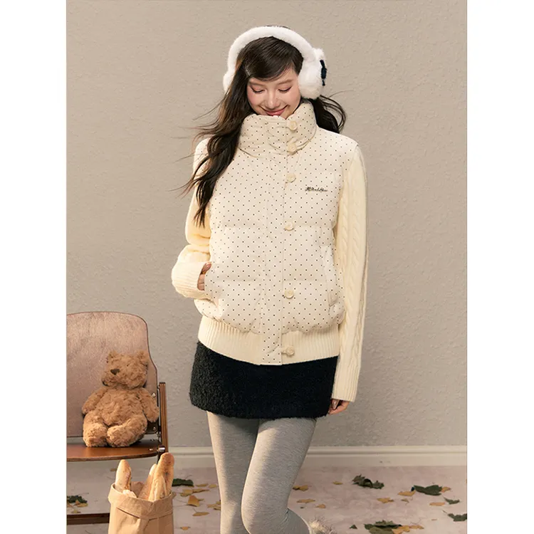 韩系甜美波点针织拼接棉服外套女秋冬新款学院风保暖短款面包服潮