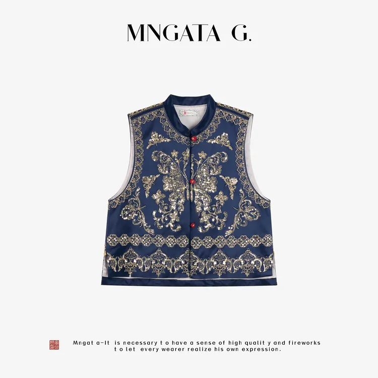 MNGATA G.宫小妍【盘金绣·蝶舞金辉】醋酸秋冬珠片绣马甲5070457