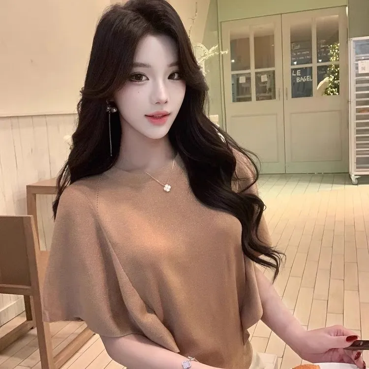 宽松百搭T恤韩版纯色圆领套装宽松型蝙蝠袖显瘦设计气质时尚休闲