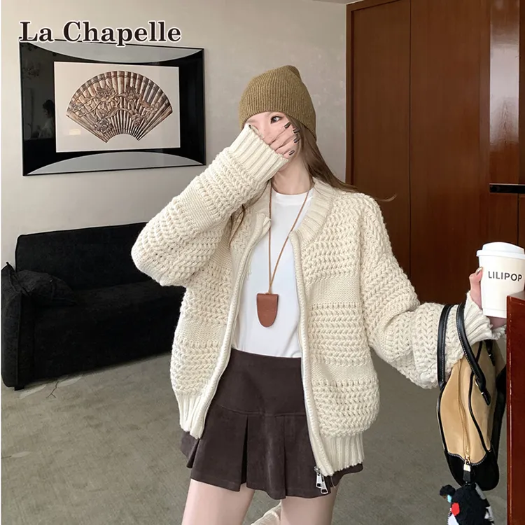 拉夏贝尔韩版慵懒宽松加厚毛衣女秋冬双拉链麻花针织开衫长袖外套