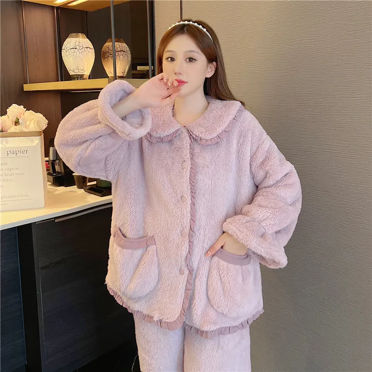 睡衣女冬季保暖新品加厚双面绒娃娃领开衫长袖长裤套装家居服