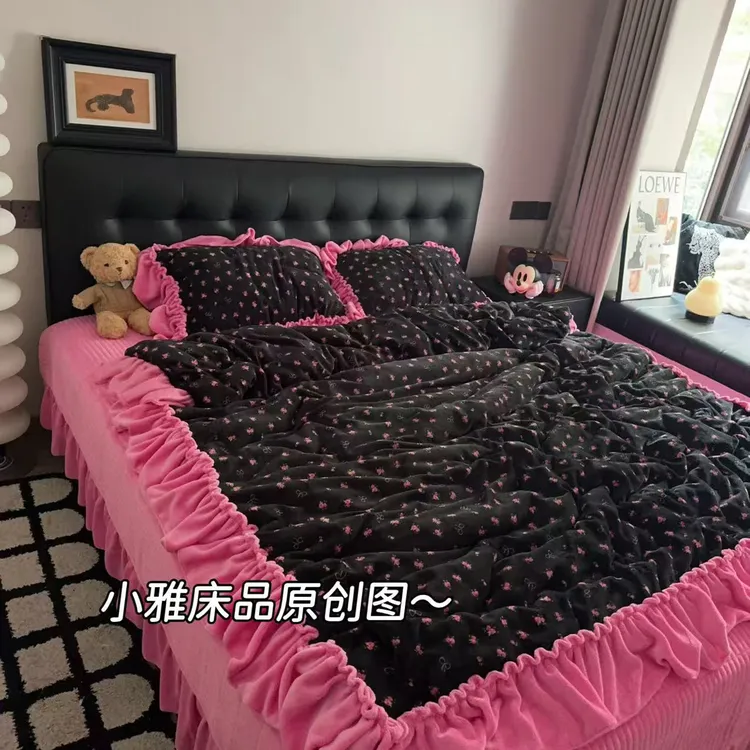 小雅家～独家定制大花边牛奶绒加厚床盖被套四件套