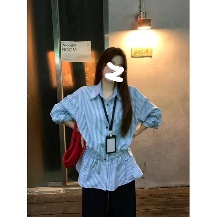 【全额运补】2025早秋条纹宽松版型收腰松紧腰衬衫女8009#