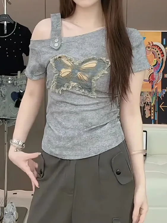 【大码】 8300夏季新款扎染蝴蝶贴片露肩T恤上衣胖MM