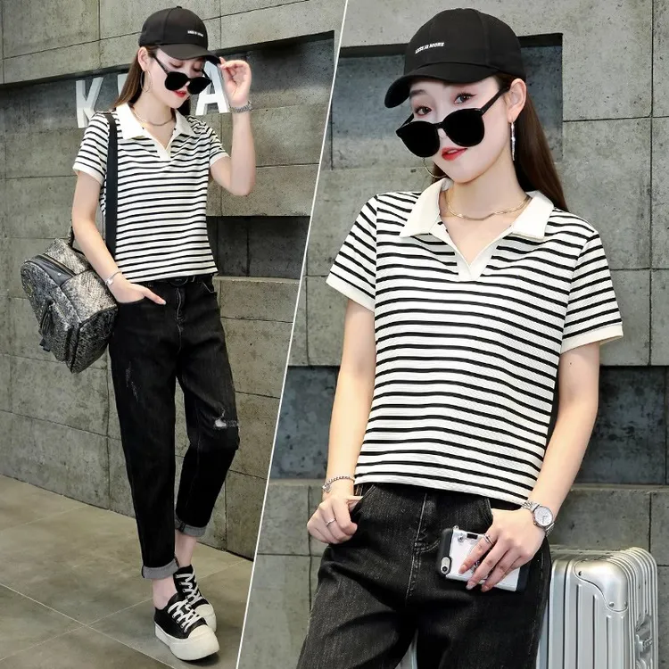 条纹短袖带领T恤女夏季2025新款休闲时尚小个子POLO衫上衣