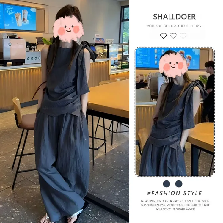 网红一整套穿搭女2025年夏季新款无袖圆领绑带背心纯色阔腿裤套装