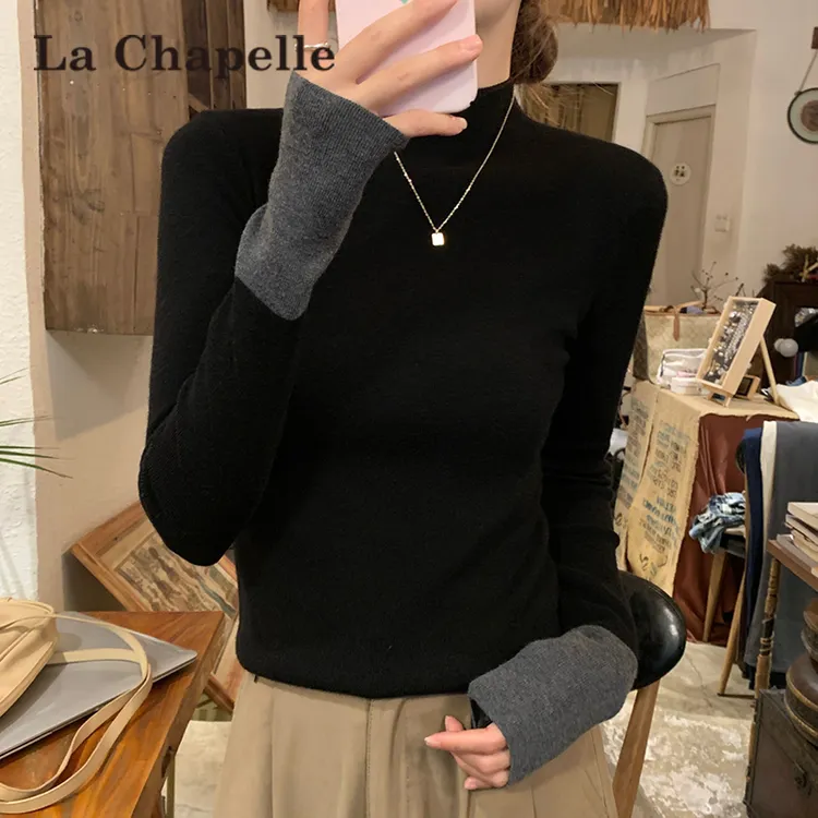 拉夏贝尔撞色半高领针织毛衣女春秋冬修身洋气内搭上衣黑色打底衫
