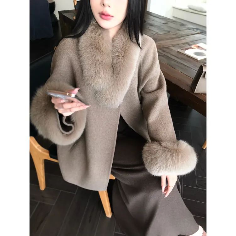 5werkwen 古早千金 绵羊毛可拆卸狐狸毛领短款双面呢42-20