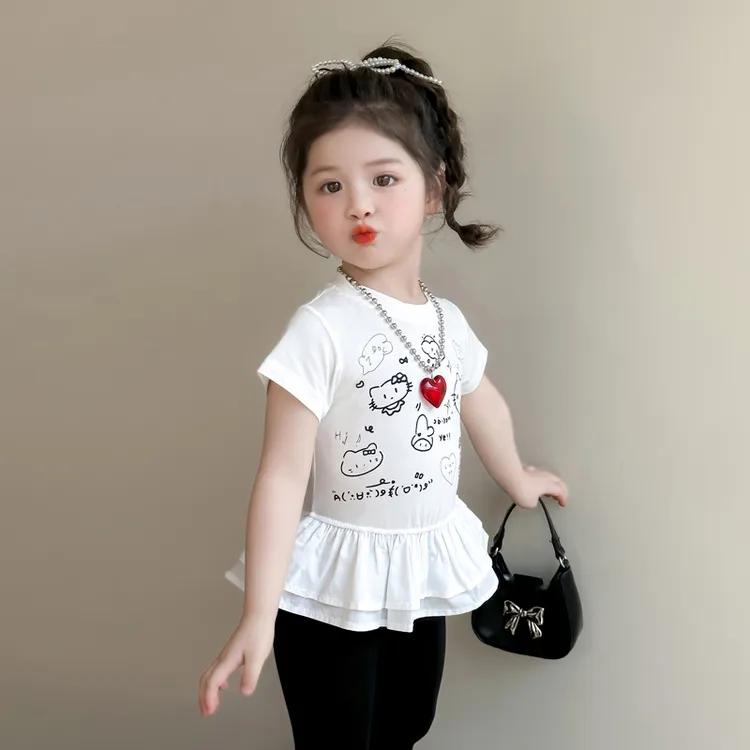 女童T恤2025夏装小女孩可爱Kitt猫花瓣下摆上衣宝宝喇叭裤两件套