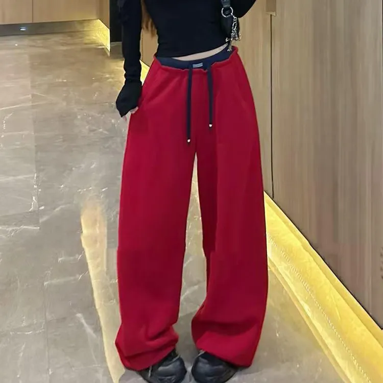 红色时尚减龄高腰休闲卫裤美式秋冬加绒拼色抽绳阔腿裤女宽松长裤