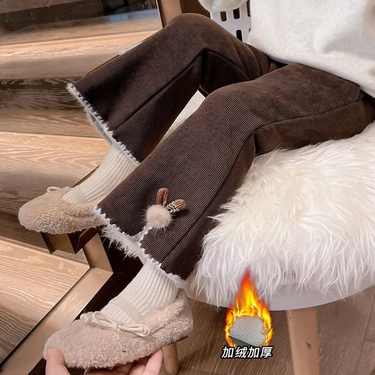 女童秋冬新款兔子加绒雪尼尔喇叭裤小女孩韩版百搭加厚休闲长裤子