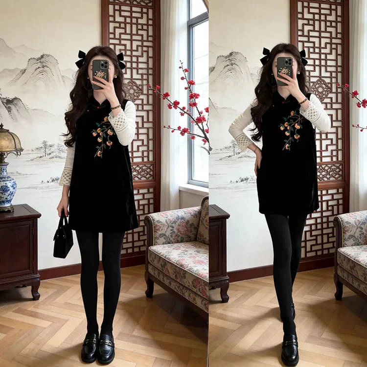 新中式穿搭2026年早春新款百搭长袖打底衫无袖背心裙两件套装