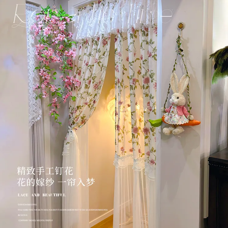 【温暖专属】手工钉花法式复古门帘免打孔隔断帘卧室蕾丝长款防蚊帘